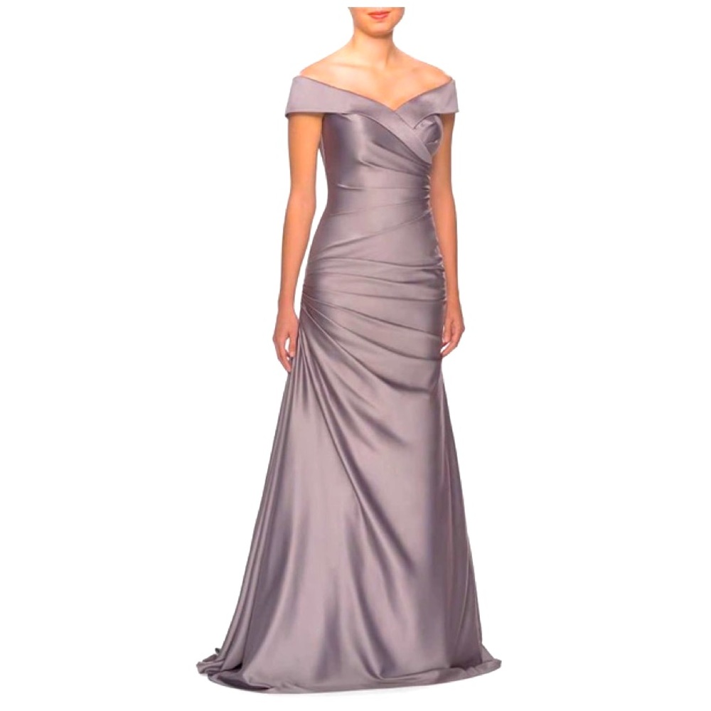LA FEMME
Off The Shoulder Ruched Satin Trumpet Gown